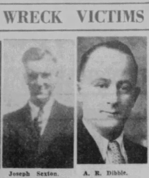 Black and white newspaper portrait photos of Joseph Sexton (left, in suit and tie) and A. R. Dibble (right, in jacket and tie). Above the photos is the headline 'WRECK VICTIMS'.